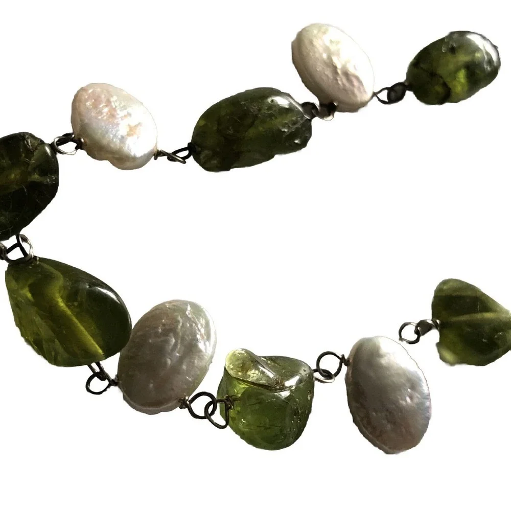 High Luster Freshwater Coin Pearl 17” + 2”extension Necklace Peridot Sterling